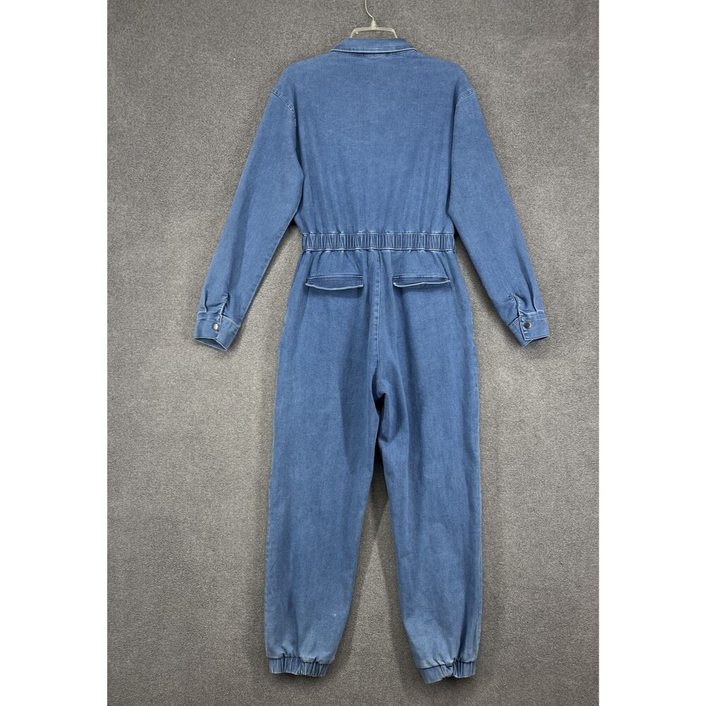 C'est Toi Jumpsuit Womens Large Denim Long Sleeve Zip‎ Up Belted Elastic Waist - Picture 13 of 16